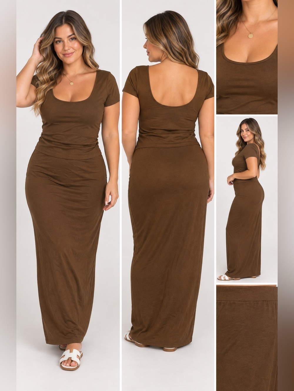 Chestnut Scoop Neck Short Sleeve Maxi Dress